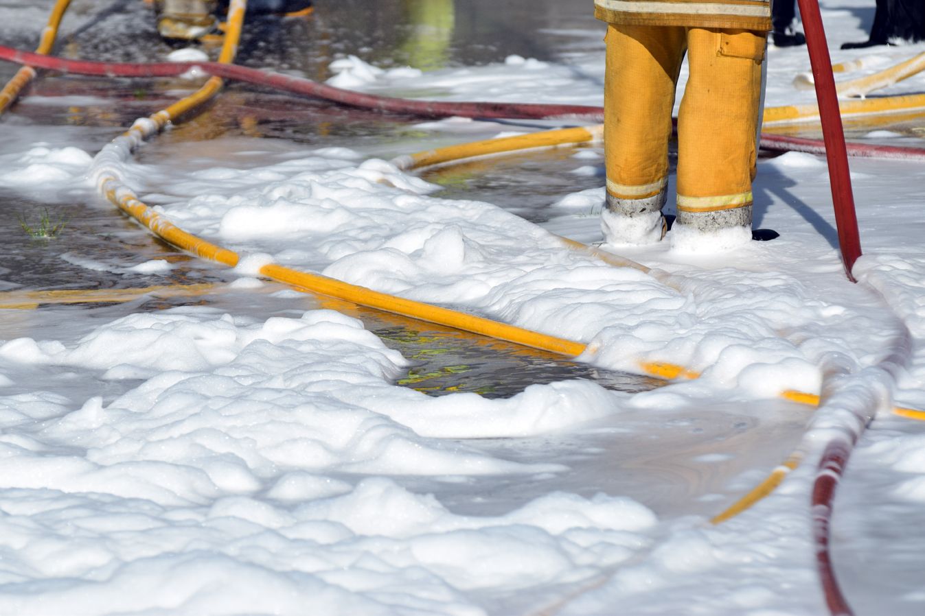 Firefighting foam is shown in this photo from a training session