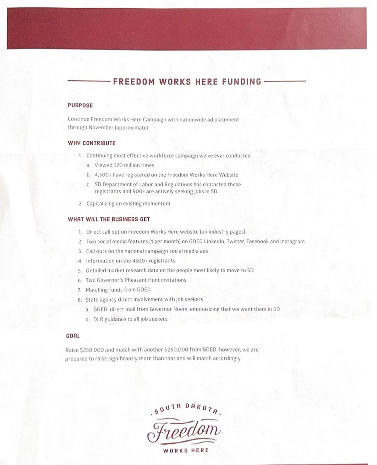 Gov. Kristi Noem Freedom Works Here letter