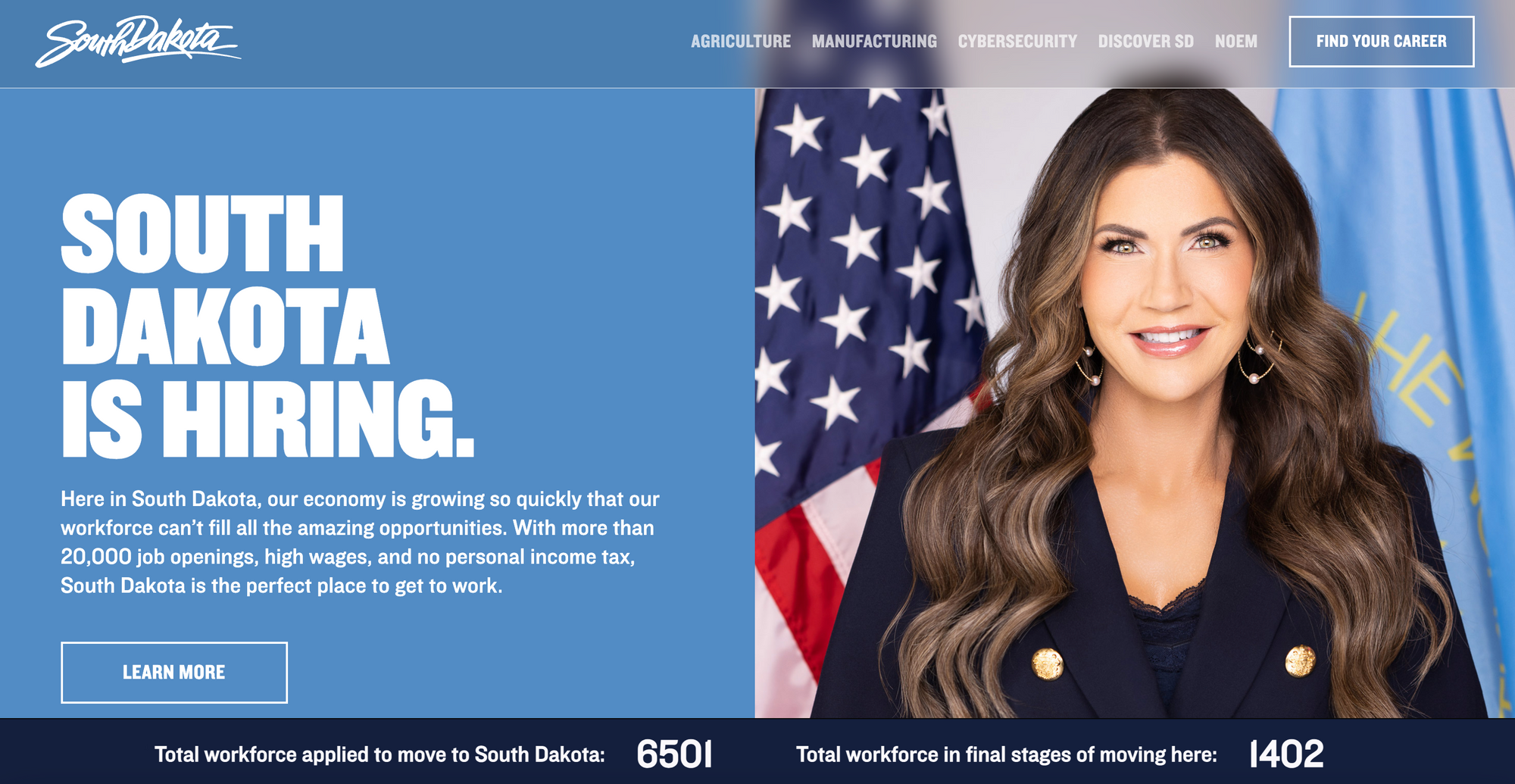 Freedom Works Here website featuring South Dakota Gov. Kristi Noem