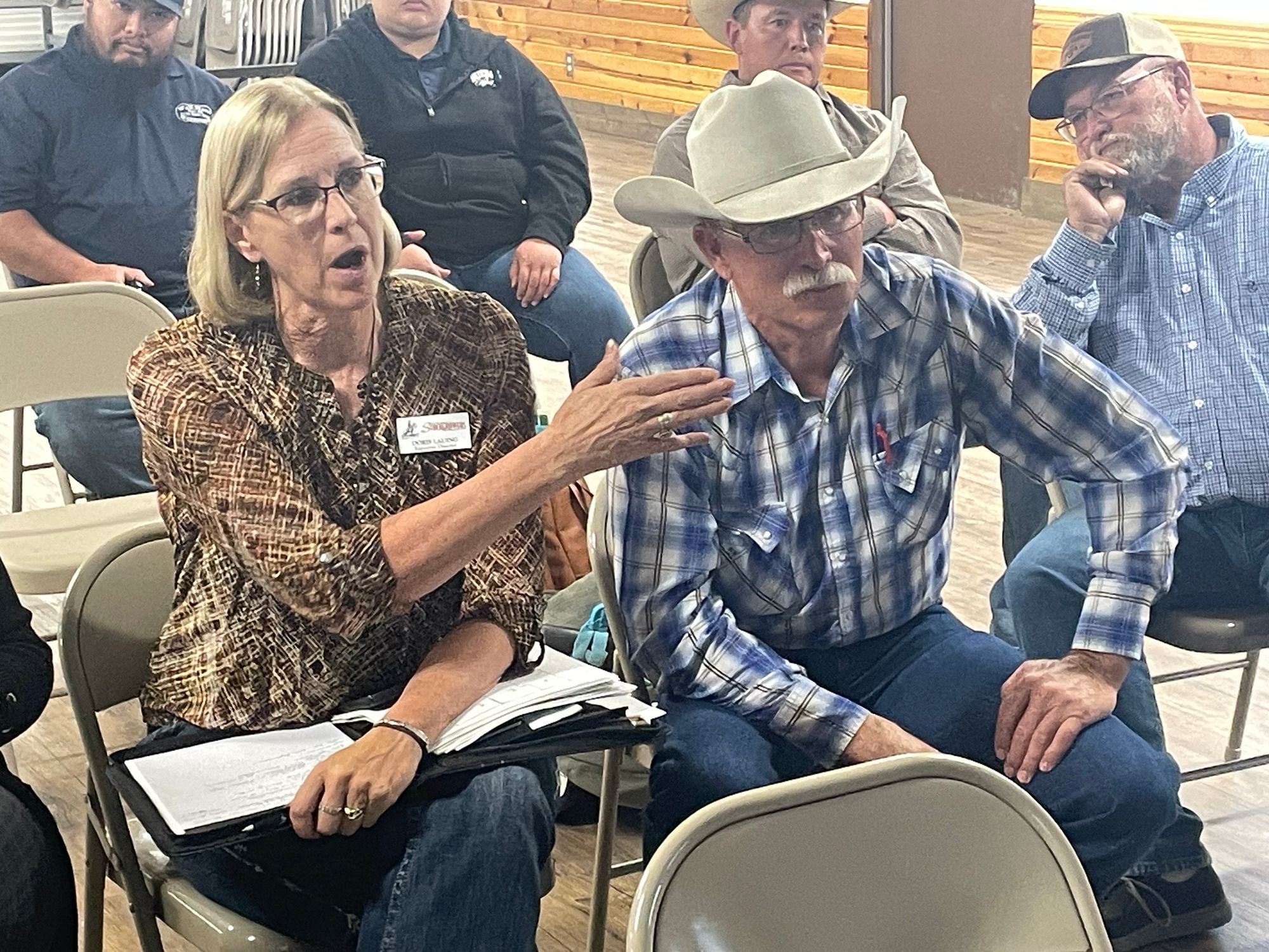 Doris Lauing speaks in favor of a proposed new meat plant in New Underwood, S.D.