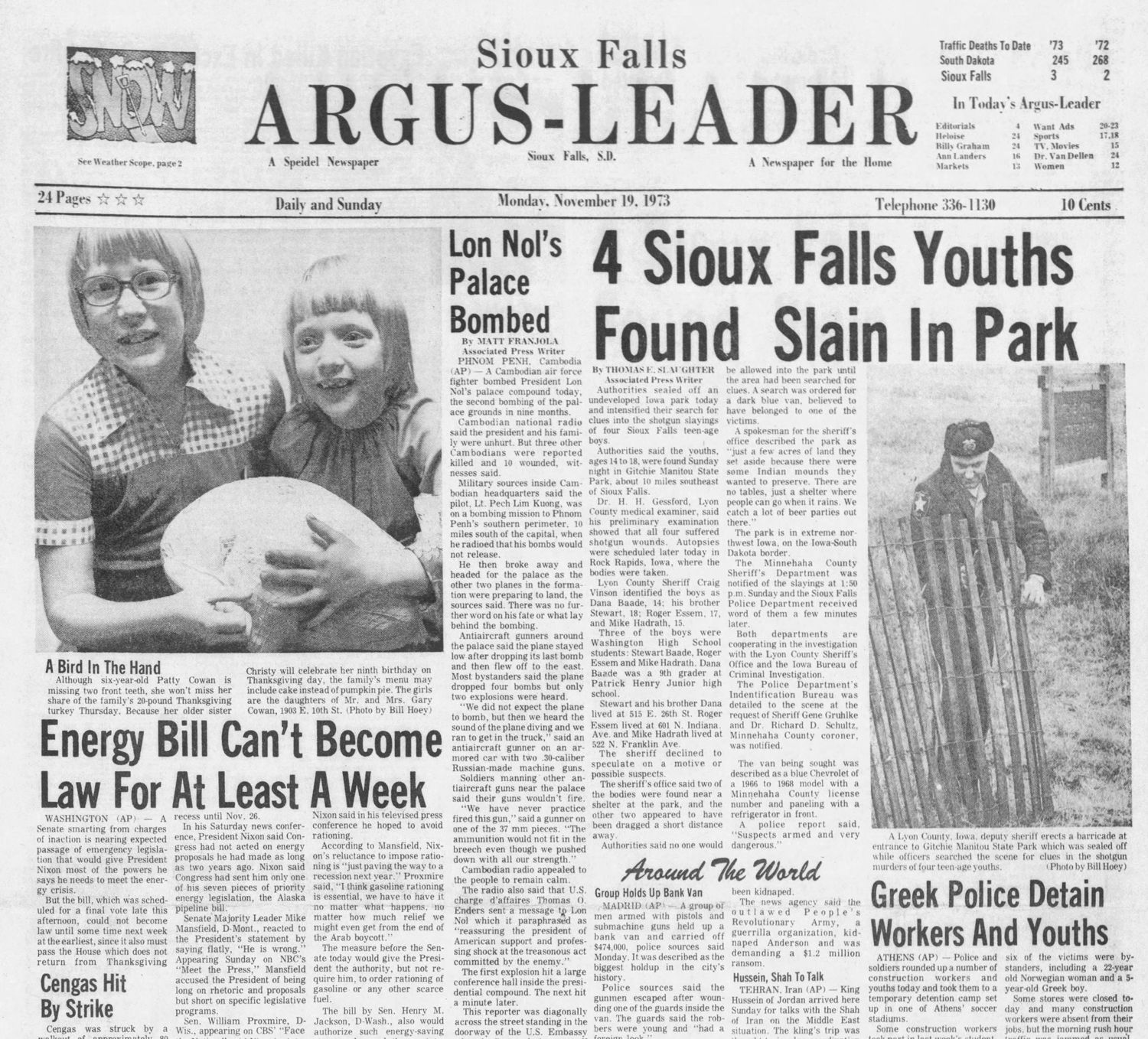 Argus Leader front page from Nov. 19, 1973 covering the Gitchie Manitou murders