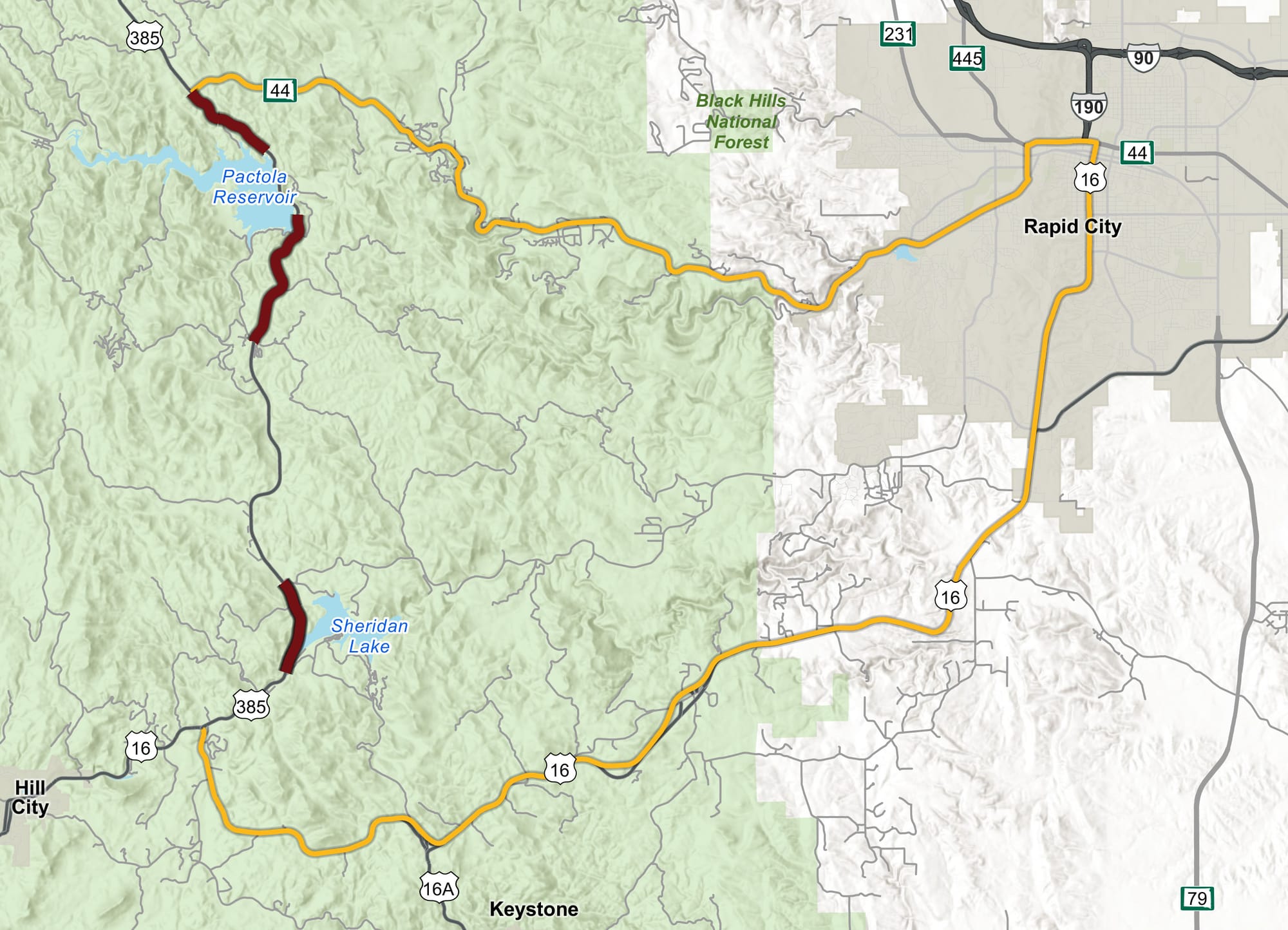 Map showing the detour for US Highway 385 in the Black Hills