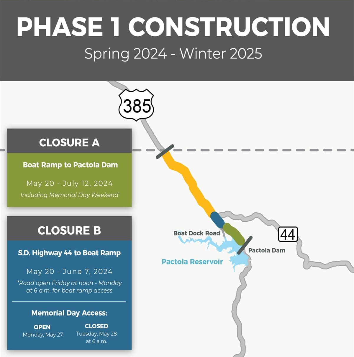 A illustration shows the planned closures on Highway 385 in the Black Hills, South Dakota.