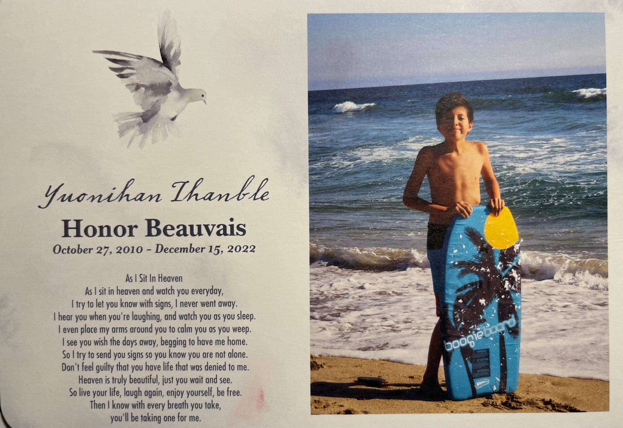 Memorial card for Honor Beauvais