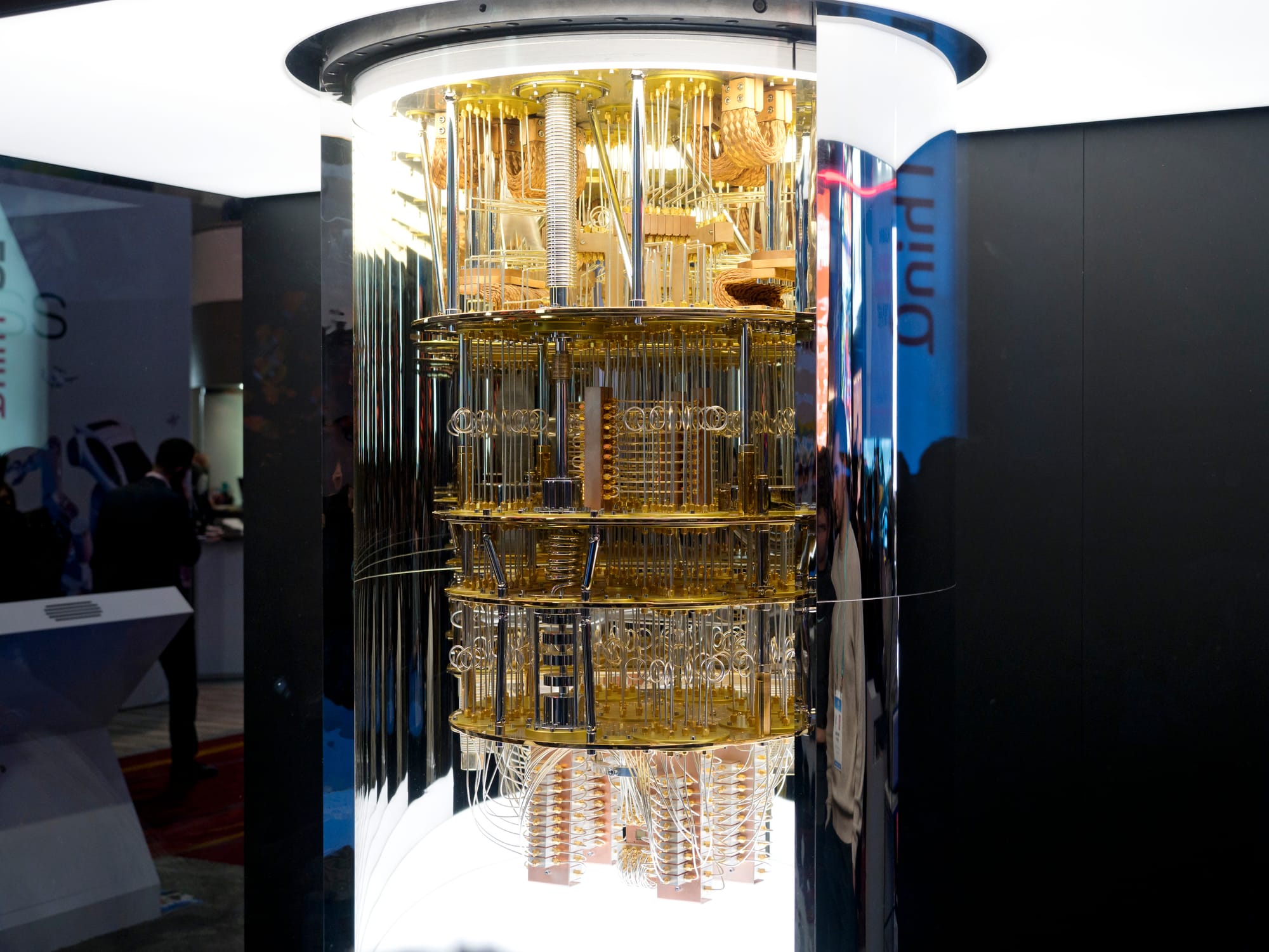 A quantum computer with its high-tech wires and gold plating is shown at the CES in 2020.
