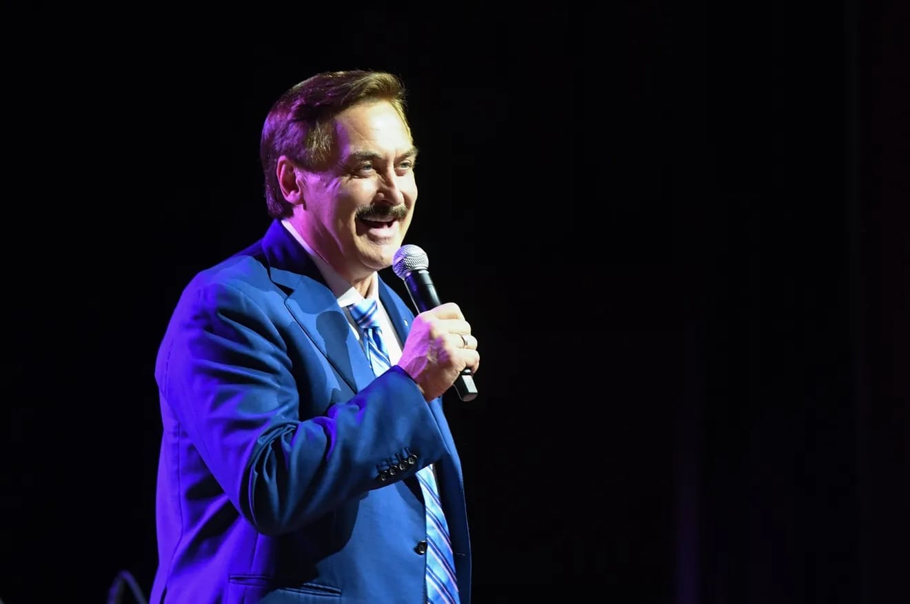 Mike Lindell speaks at an event in Mitchell, South Dakota