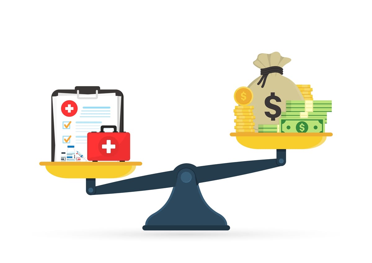 An illustration shows a scale weighed down by healthcare and costs on the other side. 