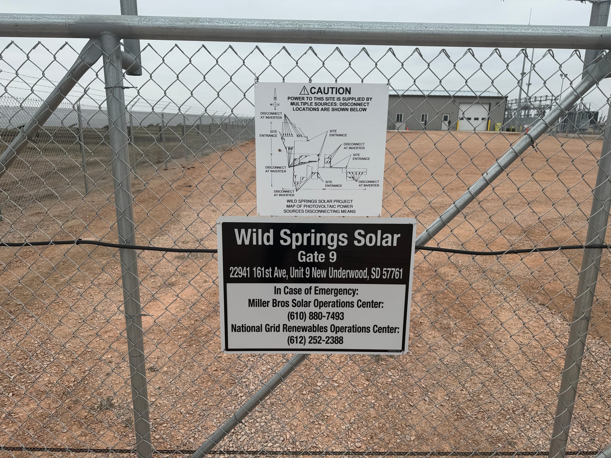 Gate at the Wild Springs solar farm facility near New Underwood, South Dakota