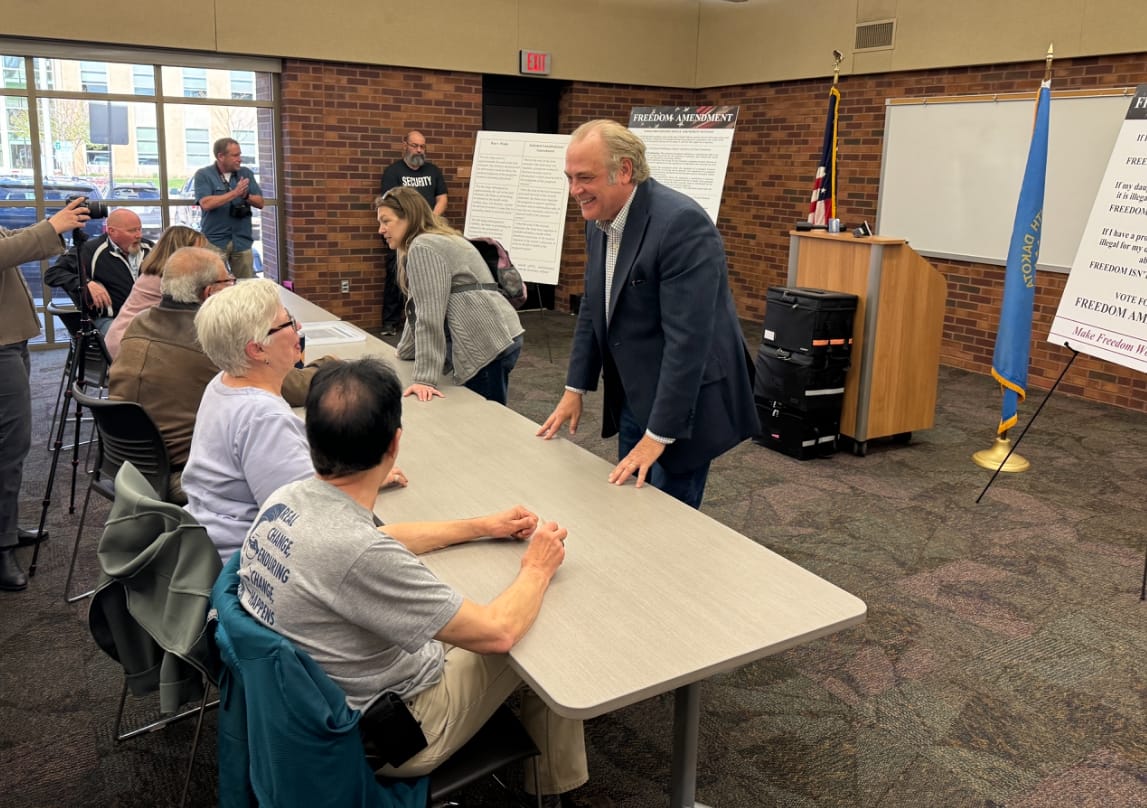 Dakotans for Health co-founder Rick Weiland talks to supporters at a press conference May 1 at the downtown library in Sioux Falls.