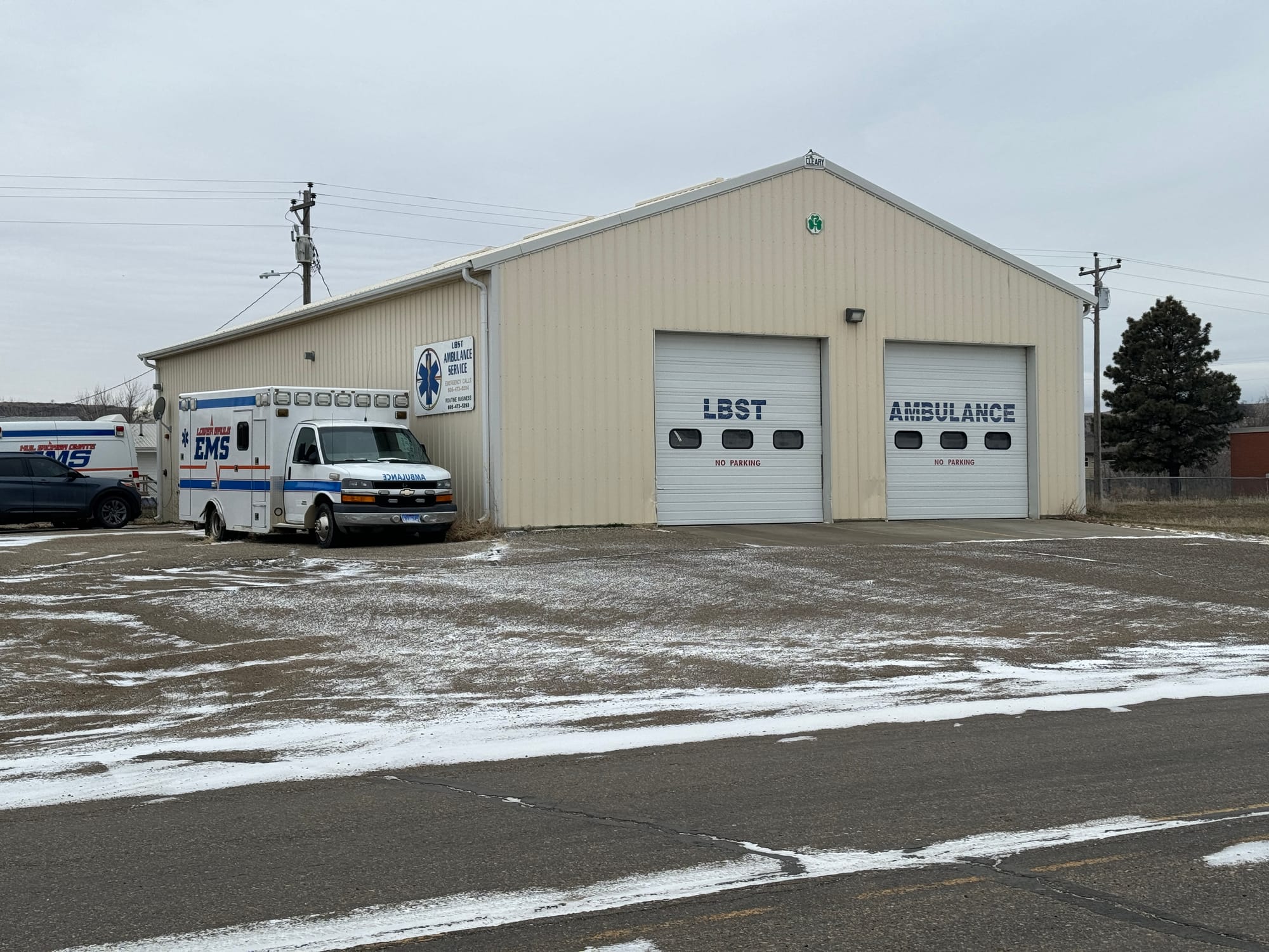 An ambulance is parked outside the Lower Brule Sioux Tribe ambulance building