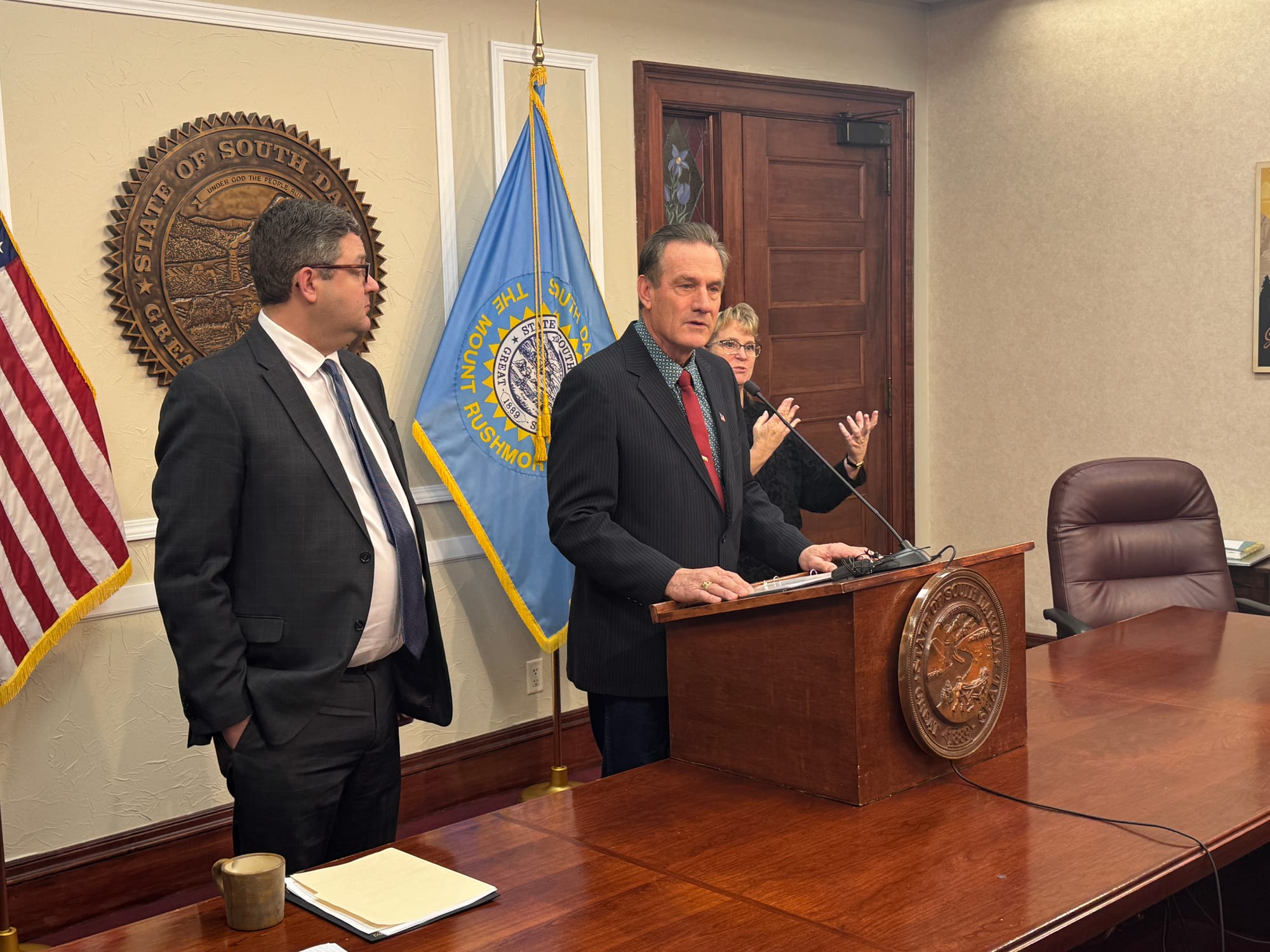 South Dakota Gov. Larry Rhoden speaks to the media Feb. 6, 2025, soon after taking office at the State Capitol Building in Pierre, 