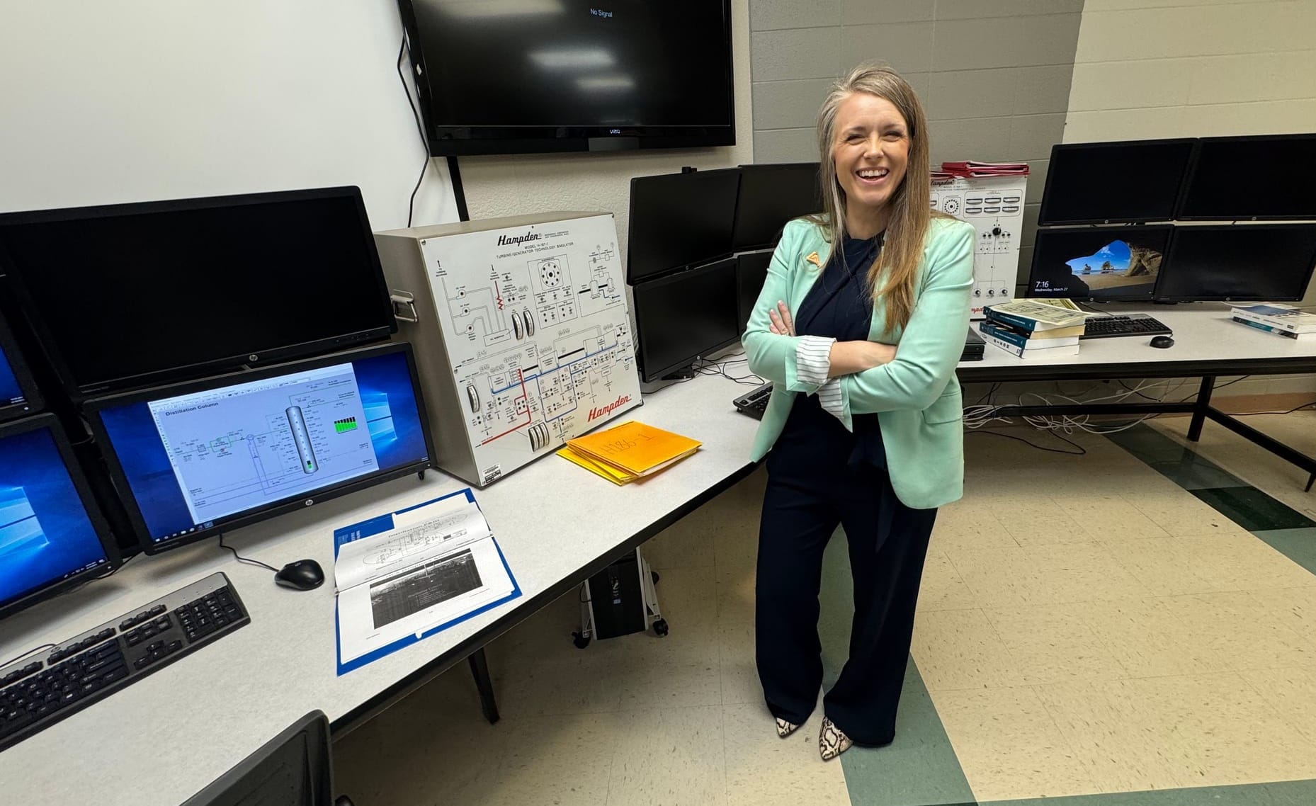 Lake Area Technical College president Tiffany Sanderson smiles on April 10, 2025 while giving a tour of the energy labs at the school in Watertown, S.D.