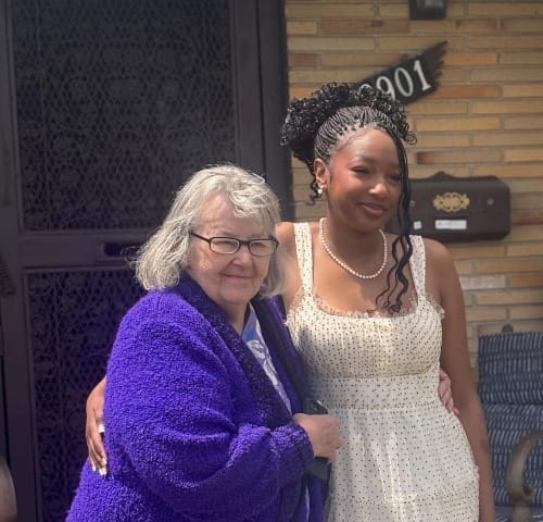 Cheryl Buswell-Robinson and granddaughter Sarah Kamara at her 2025 8th grade formal dance.