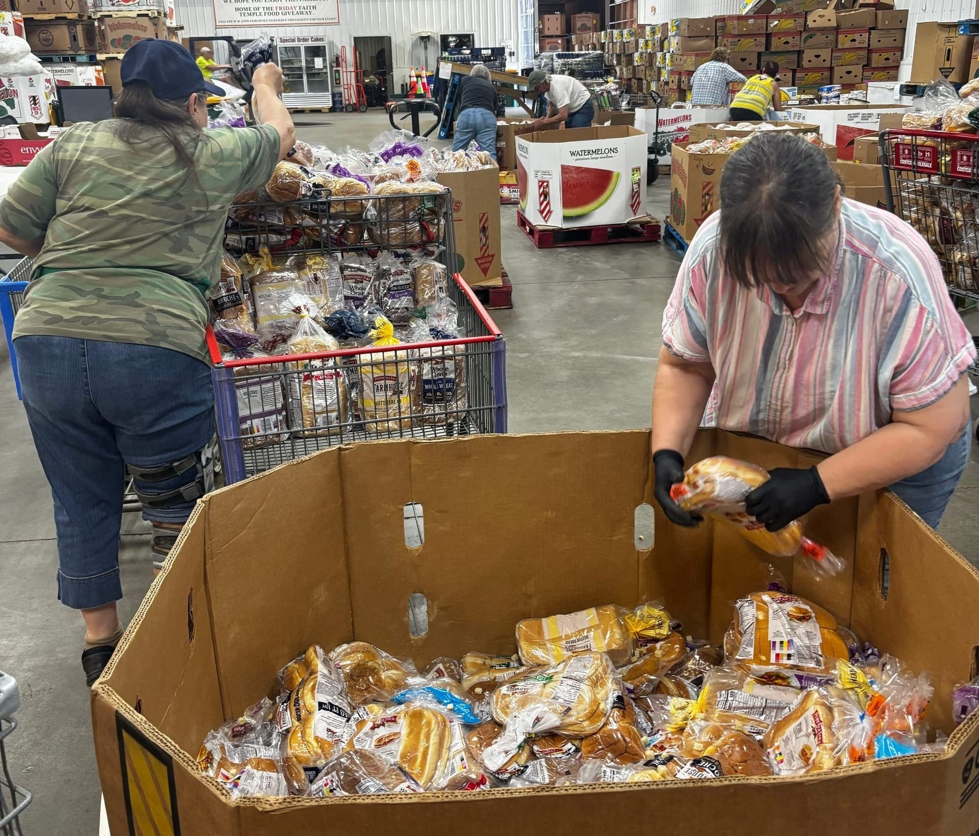 Volunteers at the Faith Temple Church food giveaway in Sioux Falls, S.D., fill boxes with food and load them into cars on June 27, 2025.