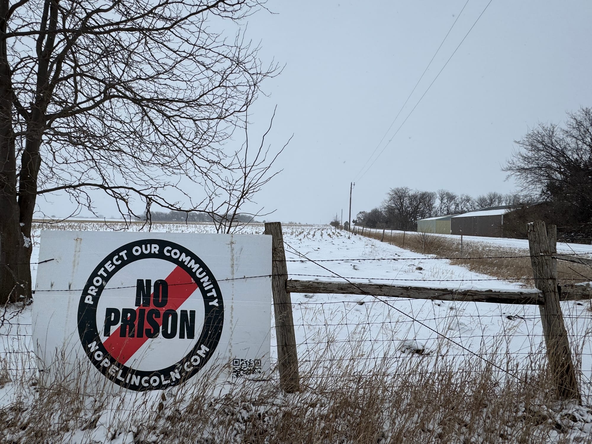 A sign protesting the site of the proposed prison in Lincoln County is seen along 278th Street in rural Canton, S.D., on Feb. 8, 2025. 
