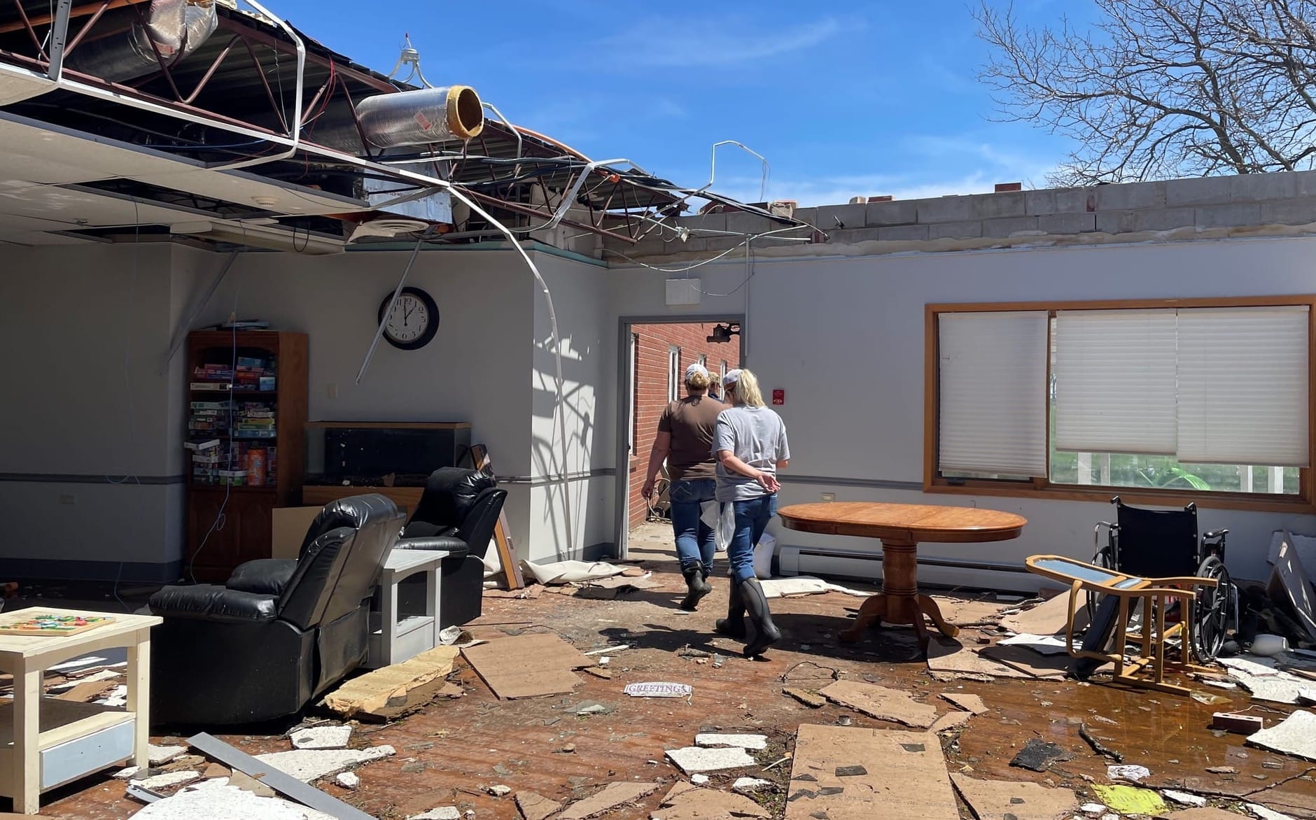 The dining room at the Avantara Nursing Home in Salem, S.D., on May 13, 2022, one day after a derecho wind storm severely damaged the structure.