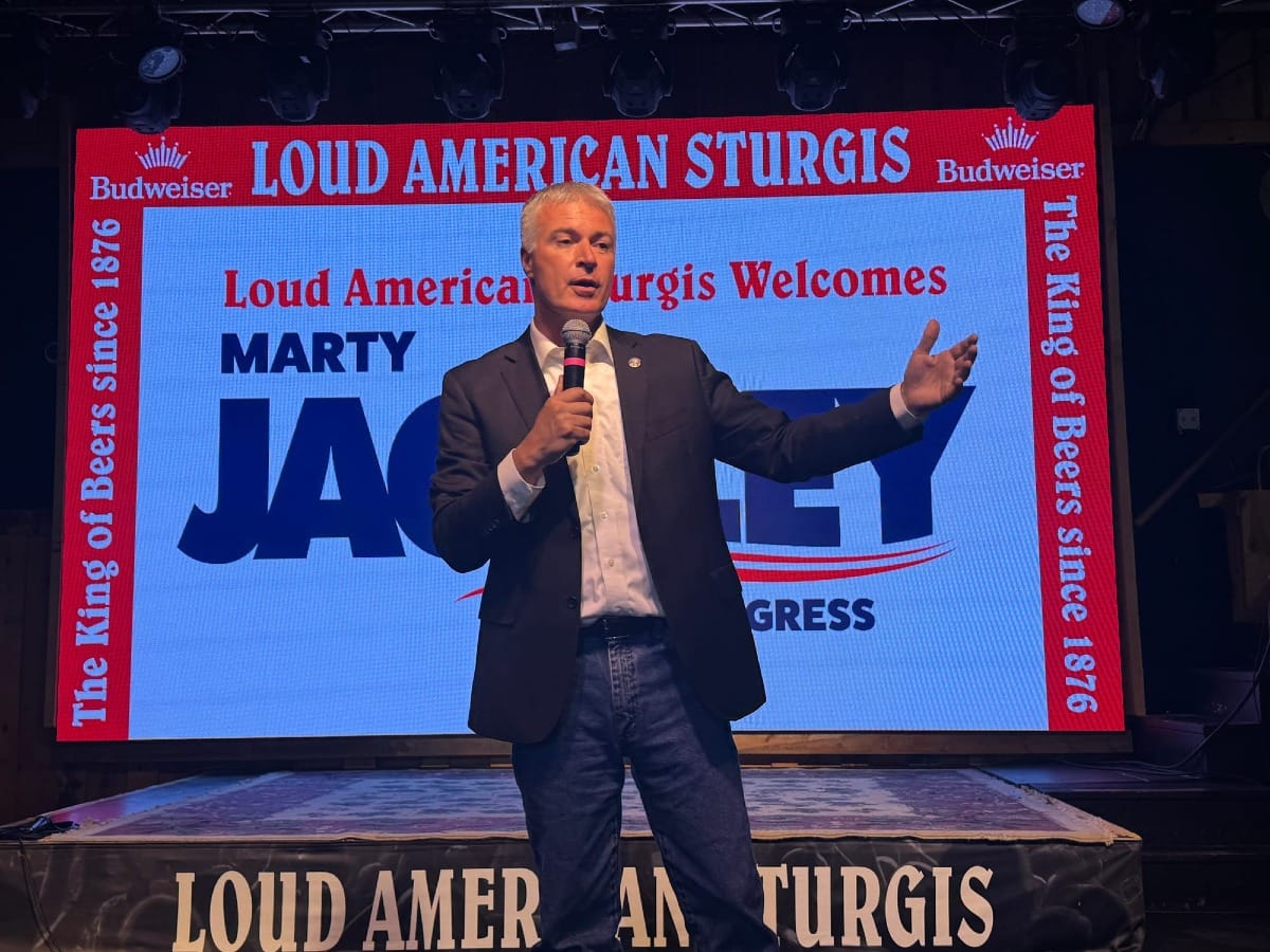 South Dakota Attorney General Marty Jackley speaks to supporters during his congressional race announcement party at the Loud American bar in Sturgis, S.D. on Sept. 9, 2025. 