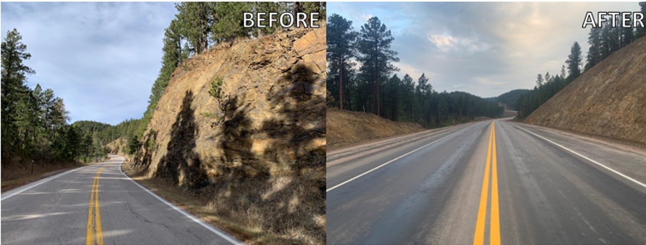 These images show a section of U.S. 385 heading northbound at a point north of state Highway 44 before the construction project and after widening, shoulder expansion and resurfacing were completed.
