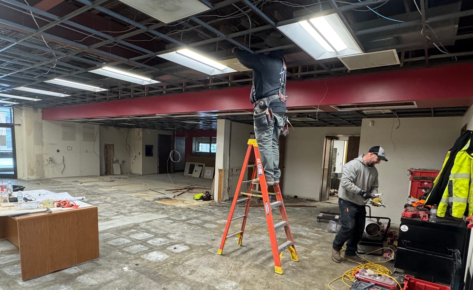 Demolition was underway on Feb. 3, 2026, inside a former bank building being converted into a day care
