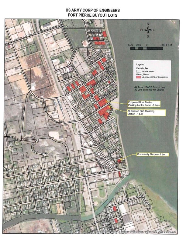 This map of part of Fort Pierre, S.D., shows the location of the lots (shown in red) owned by the U.S. Army Corps of Engineers