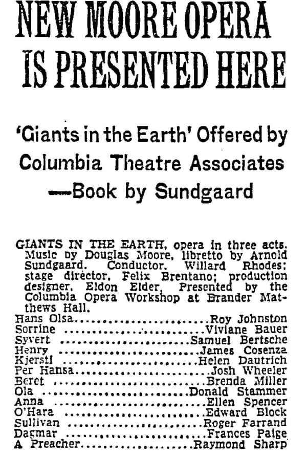 A review of the "Giants in the Earth" opera at Columbia University