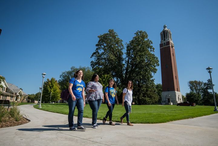 Students walk on the campus at South Dakota State University.