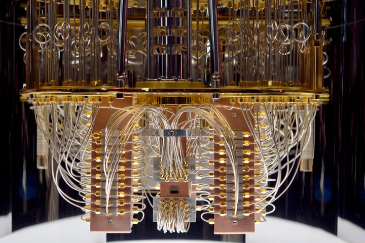 A quantum computer with its high-tech wires and gold plating is shown at the Consumer Electronic Show in 2020.