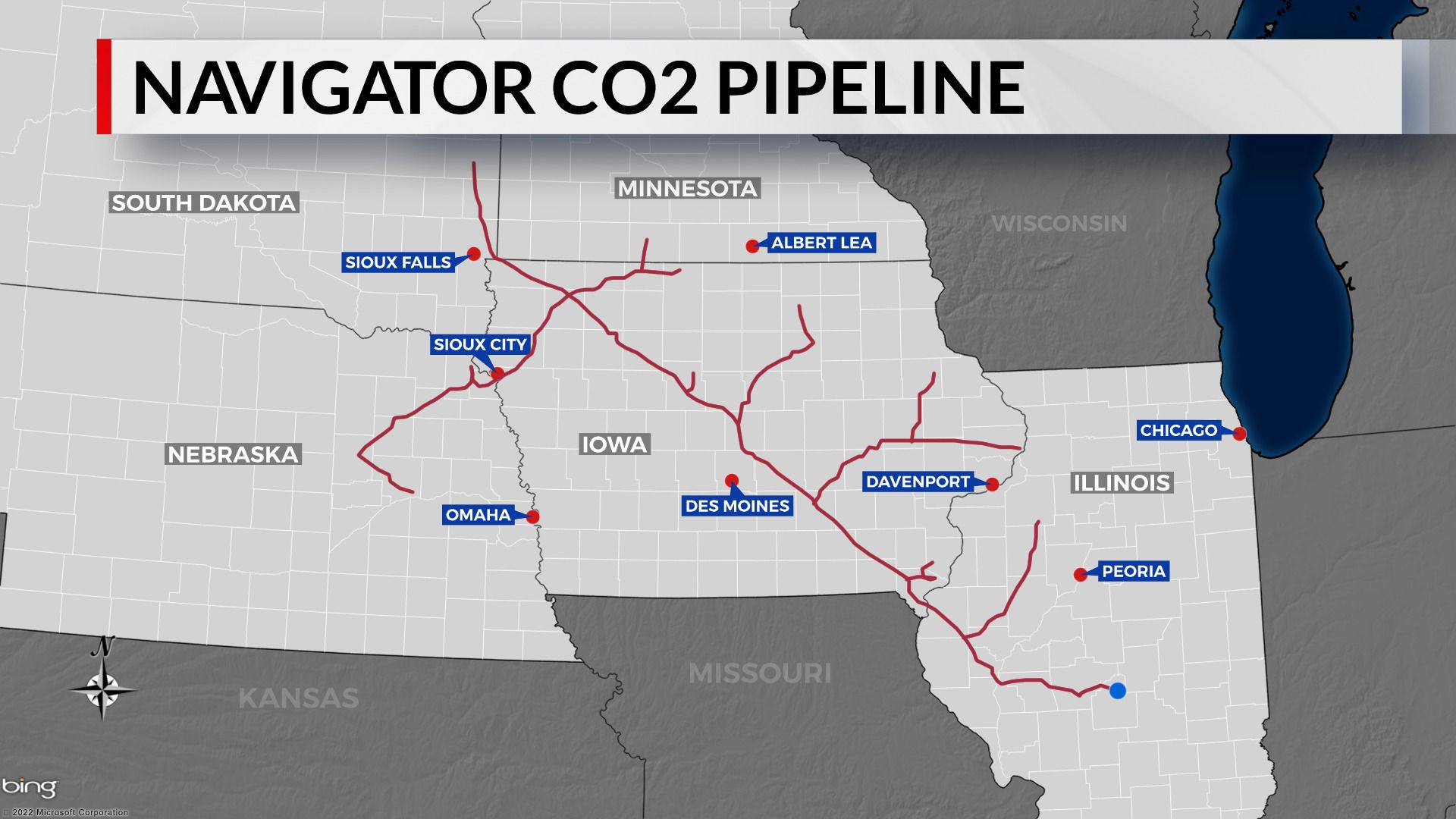 Map of the Navigator carbon pipeline route