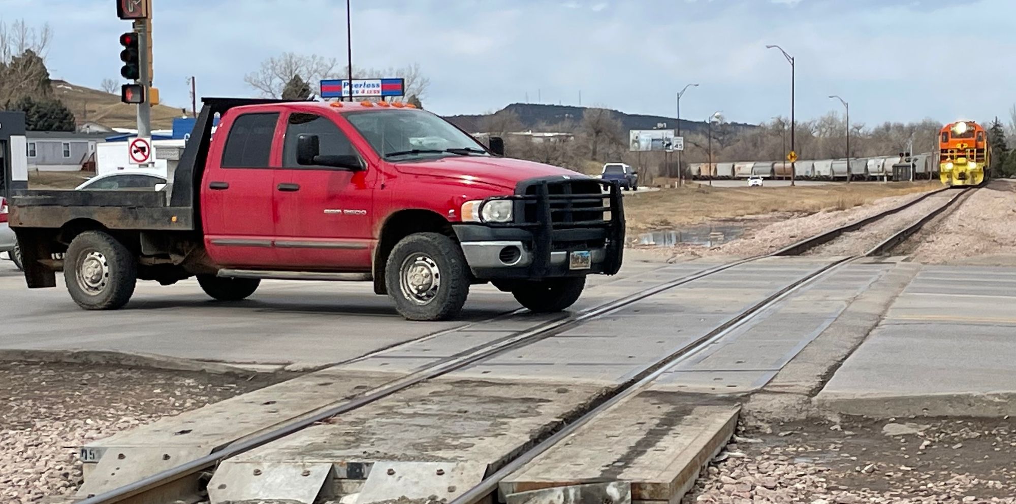Truck at railroad crossing