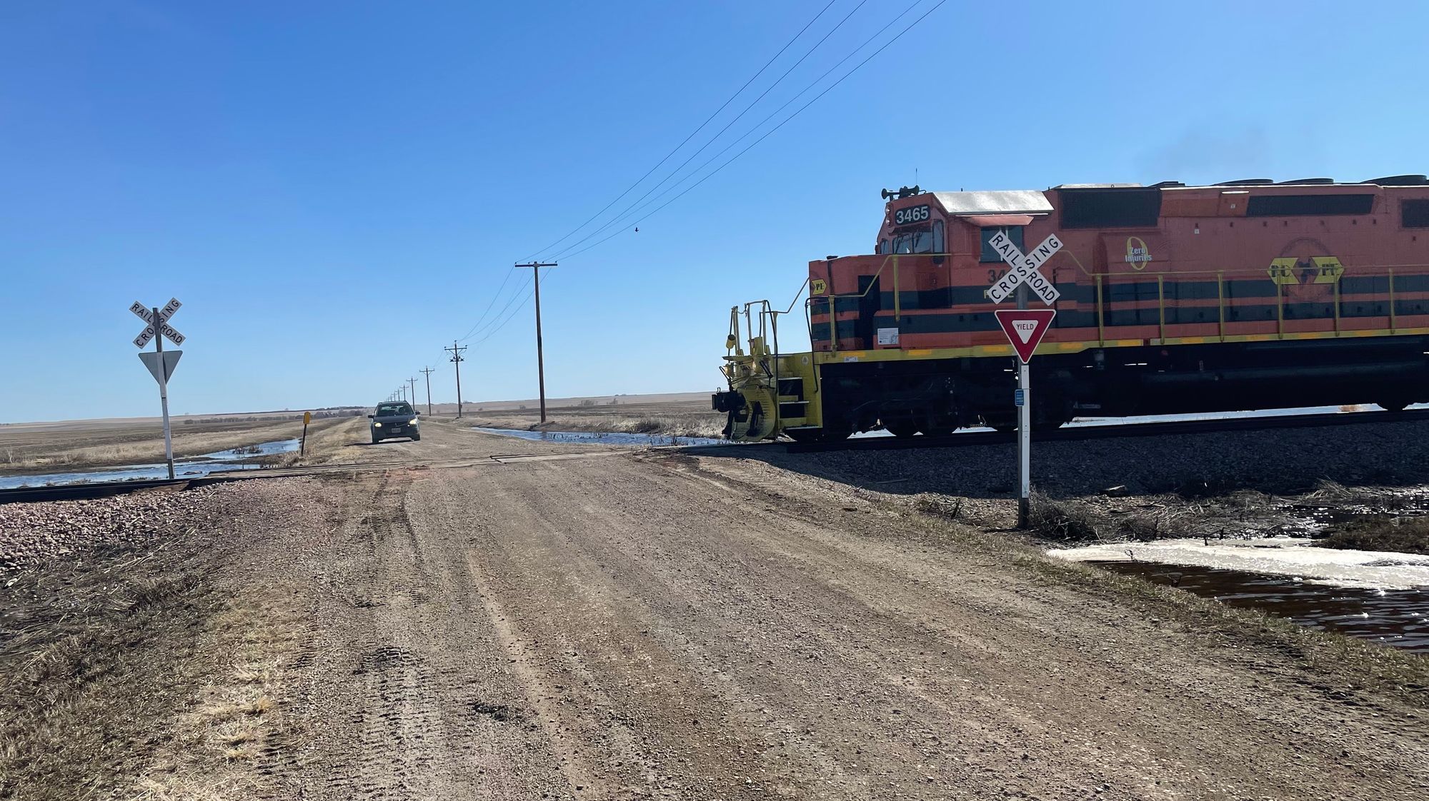 Car waiting to cross railroad crossing